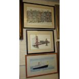 TWO FRAMED AND MOUNTED PRINTS OF SAN FRANCISCO (STREET AND BRIDGE), TOGETHER WITH FRAMED PRINT OF