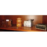 CARVED WOODEN STORAGE JAR, INLAID CIGARETTE BOX (A/F), WOODEN CASKET, PEWTER STORAGE JAR AND