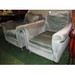 PAIR OF DEEP SEATED 1930'S STYLE CLUB ARMCHAIRS UPHOLSTERED IN GREEN DRALON