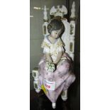 LARGE LLADRO FIGURE OF GIRL HOLDING FLOWERS SEATED ON THRONE OR CHAIR