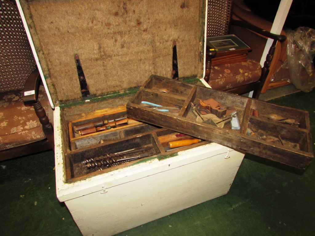 CREAM PAINTED PINE CARPENTER'S OR TOOL CHEST WITH CONTENTS OF HAND AND WOODWORKING TOOLS INCLUDING