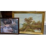 Framed painting of river side scene signed 'Jay Hall' together with framed print (2)