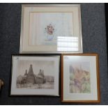 Watercolour of flowers by Celia Williams, print of bottle kilns and signed print of water mill,