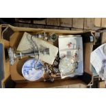 A collection of items to include large pottery serving dish, silver plated candelabra,