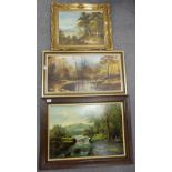 two Oil paintings of landscapes in gilt frame and oak framed print of a river  (3)
