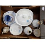 A Collection of items to include Delphatic China lidded vegetable dishes, Bells whiskey decanters,