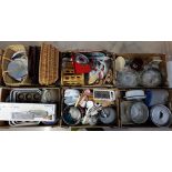 a large collection of mixed kitchen ware plus wicker case a leather brief case etc.