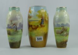 Royal Doulton vases with countryside scenes of sheep and lambs (2 signed J Hancock)