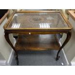 Queen Anne legged hostess trolley with decorated glass top tray