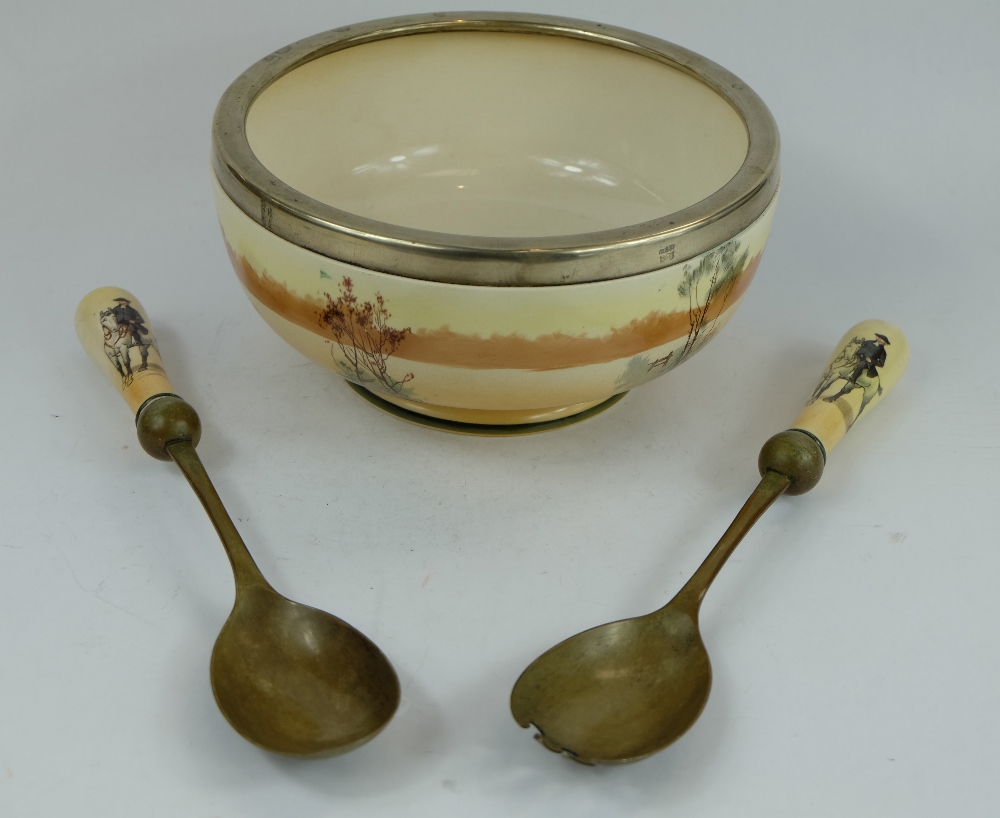 Royal Doulton coaching series ware footed salad bowl silver plated rim, - Image 4 of 5