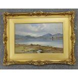 Oil painting on canvass Castle Stalker Loch Linnhe by Stewart Rutherford in ornate gilt frame,