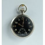 Military pocket watch with black dial marked to the back with broad arrow G.S.T.