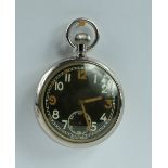 Military pocket watch with black dial marked to the back with broad arrow G S T P 191203 ,