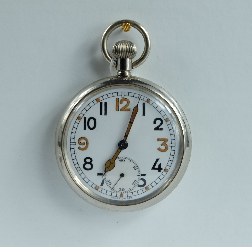 Military pocket watch with white dial marked to the back with broad arrow G.S.T.