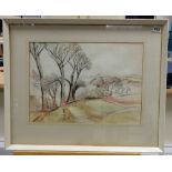 James Bostock, Watercolour painting landscape scene of trees and fields in painted wood frame,