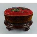 Victorian mahogany upholstered round stool with bead work leaf decoration