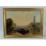 Arthur J Meadows, oil painting on board "The Belfry tower, Bruges" 1887, in gilt frame,