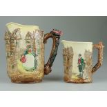 Royal Doulton embossed Dickens seriesware jug decorated with Sairey Gamp and smaller jug decorated