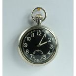 Military pocket watch with black dial marked to the back with broad arrow A64205 ,