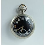 Military pocket watch with black dial marked to the back with broad arrow G.S.T.