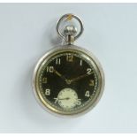 Military pocket watch with black dial marked to the back with broad arrow G.S.T.