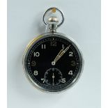 Military pocket watch with black dial marked to the back with broad arrow G.S.T.