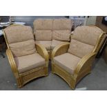 Quality Wicker conservatory suit to include 2 seater and two single chairs with light gold cushion