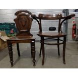Victorian oak hall chair together with bentwood carver (2)