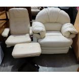 Cream leather reclining chair and stool together with cream leather armchair (3)