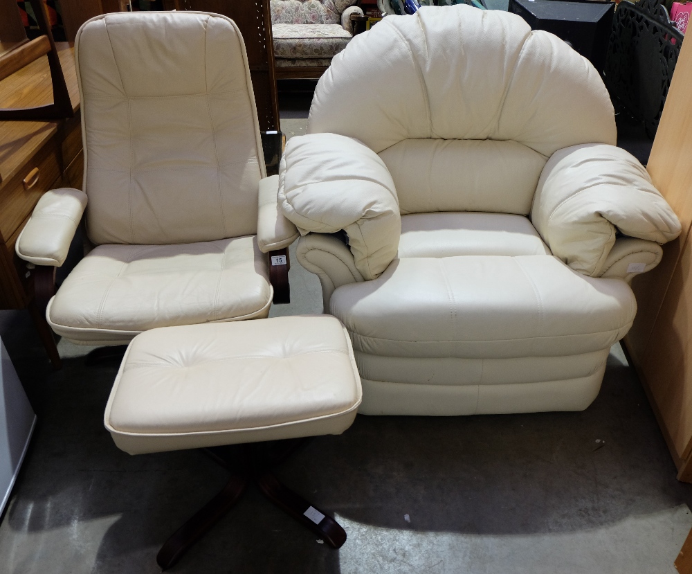 Cream leather reclining chair and stool