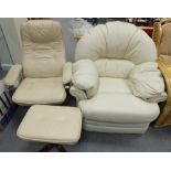 Cream leather reclining chair and stool