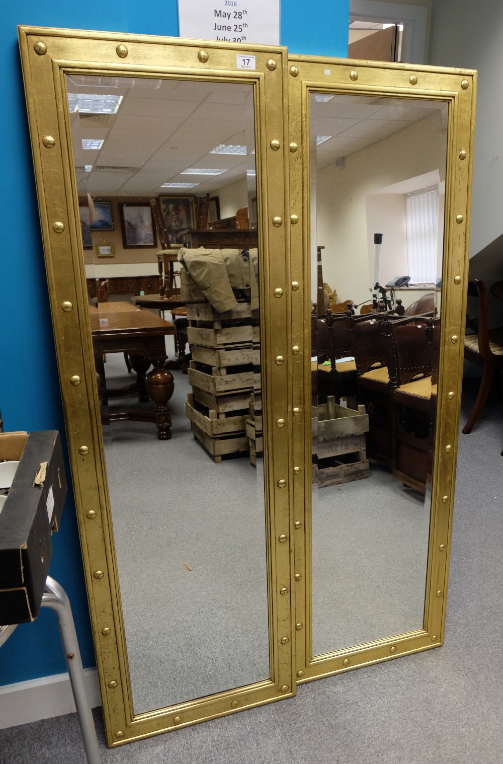 Two large framed rectangular beveled edged mirrors with gold painted wooden studied frames (2) 50cm