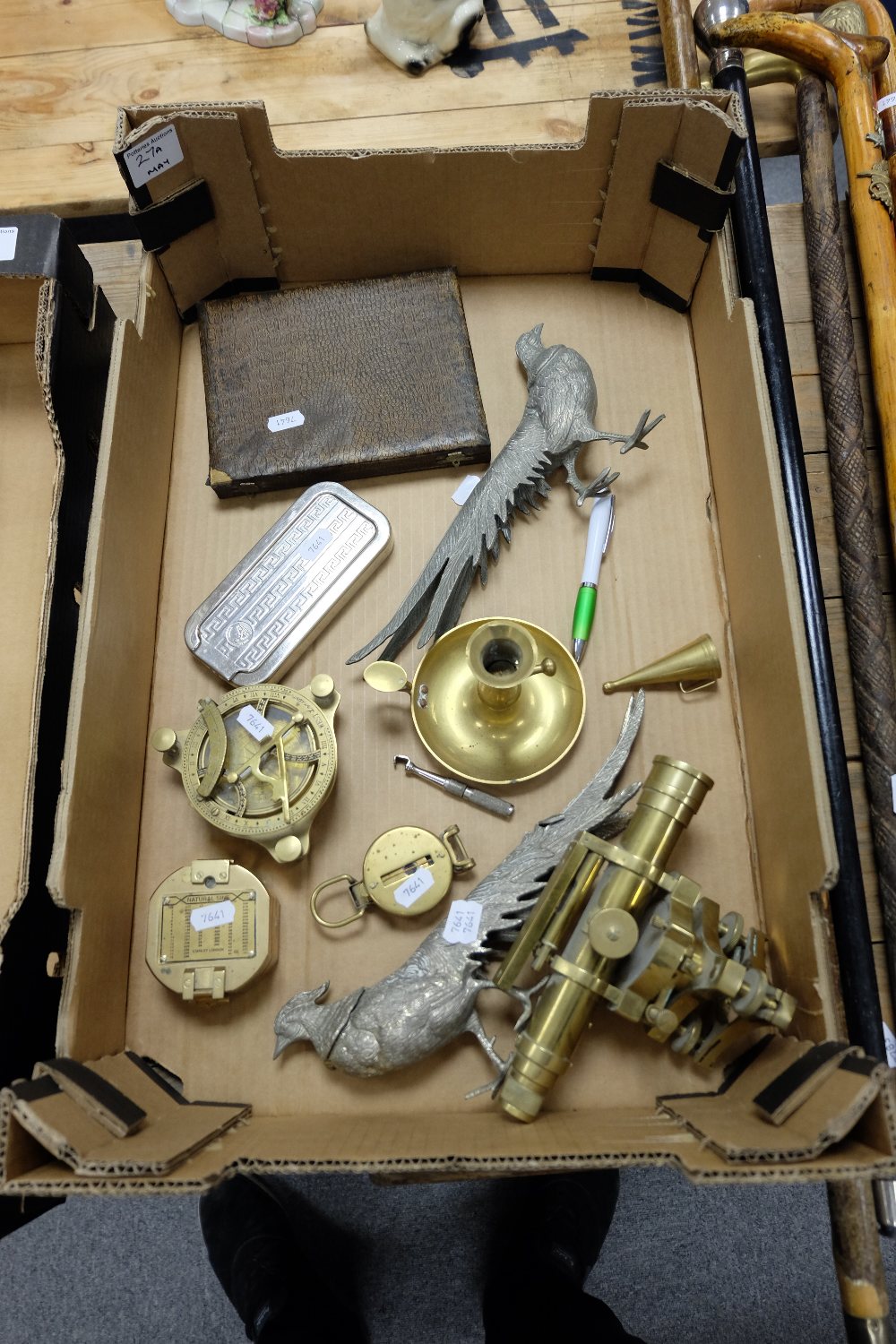 A collection of mixed items to include reproduction brass dumpy level,