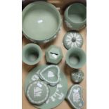 A good mixed collection of Wedgwood jasperware in sage green to include large footed bowl,