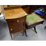 Reproduction inlaid bedside cabinet together with leather topped regency style occasional table (2)