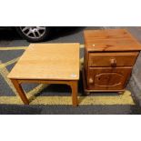 Small pine bedside cabinet and light oak coffee table (2)