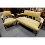 Edwardian Walnut upholstered two seat sofa with matching tub chair (2)