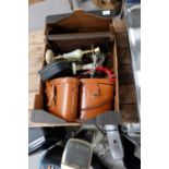 A mixed collection of items to include cased binoculars, oak book trough,