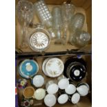 A mixed collection of items to include Colclough dinnerware and glass decanters and bowls (2 trays)