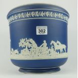 Large Early Wedgwood dark blue jasperware planter decorated with various hunting scenes (hairline