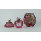 Greenhalgh decorative hand blown glassware including vase and two lidded pots