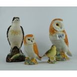 Beswick large owl 1046, small owl (matt), Greenfinch 2105,