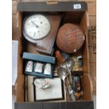 A mixed collection of items to include oak mantle clock, framed postcards, silver plated cutlery,