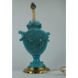 Victorian lattice work pottery lamp in turquoise glaze and early similar platter