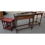 Oak table 2 drawer hall table and mahogany nest of tables together with reproduction brass bed pan