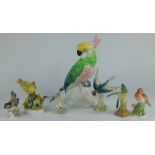 A collection of Crown Staffordshire birds to include large Parakeet, House Wren, Beefeater, Robin,