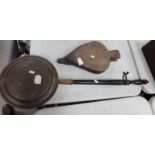 Brass bed pan warmer and early oak set of fireside bellows (2)
