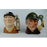 Royal Doulton large character jugs Golfer D6623 and Sleuth D6631 (2)