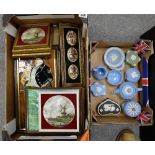 A mixed collection of framed wall tiles and small collection of Dudsons jasperware (2 trays)