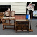 2 Oak upholstered dining chairs, oak stereo cabinet,